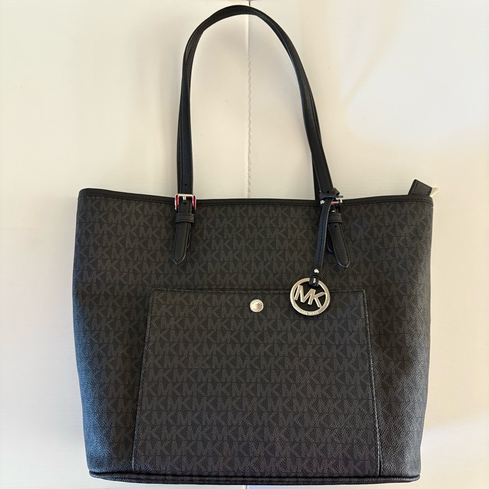 Michael Kors Jet Set Black Gray Monogram Medium Snap Front Pocket Tote